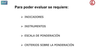 Para poder evaluar se requiere:
 INDICADORES
 INSTRUMENTOS
 ESCALA DE PONDERACIÓN
 CRITERIOS SOBRE LA PONDERACIÓN
 