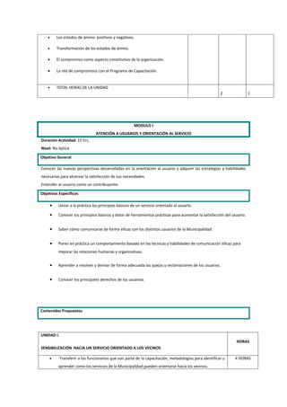 •       Los estados de ánimo: positivos y negativos.

    •       Transformación de los estados de ánimo.

    •       El compromiso como aspecto constitutivo de la organización.

    •       La red de compromisos con el Programa de Capacitación.


    •       TOTAL HORAS DE LA UNIDAD
                                                                                                         2                 1




                                                          MODULO I
                                   ATENCIÓN A USUARIOS Y ORIENTACIÓN AL SERVICIO
Duración Actividad: 15 hrs.
Nivel: No Aplica

Objetivo General

Conocer las nuevas perspectivas desarrolladas en la orientación al usuario y adquirir las estrategias y habilidades
necesarias para alcanzar la satisfacción de sus necesidades.
Entender al usuario como un contribuyente.

Objetivos Específicos

        •    Llevar a la práctica los principios básicos de un servicio orientado al usuario.

        •    Conocer los principios básicos y dotar de herramientas prácticas para aumentar la satisfacción del usuario.


        •    Saber cómo comunicarse de forma eficaz con los distintos usuarios de la Municipalidad.


        •    Poner en práctica un comportamiento basado en las técnicas y habilidades de comunicación eficaz para
             mejorar las relaciones humanas y organizativas.


        •    Aprender a resolver y derivar de forma adecuada las quejas y reclamaciones de los usuarios.


        •    Conocer los principales derechos de los usuarios.




Contenidos Propuestos




UNIDAD I.
                                                                                                                  HORAS
SENSIBILIZACIÓN HACIA UN SERVICIO ORIENTADO A LOS VECINOS

     •       Transferir a los funcionarios que son parte de la capacitación, metodologías para identificar y     4 HORAS
            aprender como los servicios de la Municipalidad pueden orientarse hacia los vecinos.
 