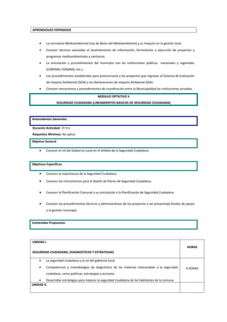 APRENDIZAJES ESPERADOS


     •    La normativa Medioambiental (Ley de Bases del Medioambiente) y su impacto en la gestión local.
     •    Conocer técnicas asociadas al levantamiento de información, formulación y ejecución de proyectos y
          programas medioambientales y sanitarios.
     •    La vinculación y procedimientos del municipio con las instituciones públicas nacionales y regionales
          (COREMA, CONAMA, etc.).
     •    Los procedimientos establecidos para pronunciarse y los proyectos que ingresan al Sistema de Evaluación
          de Impacto Ambiental (SEIA) y las Declaraciones de Impacto Ambiental (DIA).
     •    Conocer mecanismos y procedimientos de coordinación entre la Municipalidad las instituciones privadas.

                                               MODULO OPTATIVO II
                   SEGURIDAD CIUDADANA (LINEAMIENTOS BASICOS DE SEGURIDAD CIUDADANA)



Antecedentes Generales

Duración Actividad: 15 hrs.
Requisitos Mínimos: No aplica

Objetivo General

     •    Conocer el rol del Gobierno Local en el ámbito de la Seguridad Ciudadana.


Objetivos Específicos

     •    Conocer la importancia de la Seguridad Ciudadana.

     •    Conocer los instrumentos para el diseño de Planes de Seguridad Ciudadana.


     •    Conocer la Planificación Comunal y su vinculación a la Planificación de Seguridad Ciudadana.


     •    Conocer los procedimientos técnicos y administrativos de los proyectos a ser presentado fondos de apoyo
          a la gestión municipal.


Contenidos Propuestos




UNIDAD I.
                                                                                                            HORAS
SEGURIDAD CIUDADANA, DIAGNOSTICOS Y ESTRATEGIAS

     •    La seguridad ciudadana y el rol del gobierno local.
     •    Competencias y metodologías de diagnóstico de las materias relacionadas a la seguridad           4 HORAS
          ciudadana, como políticas, estrategias y acciones.
    •    Desarrollar estrategias para mejorar la seguridad ciudadana de los habitantes de la comuna.
UNIDAD II.
 