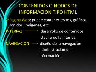 CONTENIDOS O NODOS DE
INFORMACION TIPO HTML
Pagina Web: puede contener textos, gráficos,
sonidos, imágenes, etc.
INTERFAZ desarrollo de contenidos
diseño de la interfaz
NAVEGACION diseño de la navegación
administración de la
información.
 