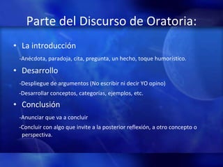 Parte del Discurso de Oratoria: La introducción -Anécdota, paradoja, cita, pregunta, un hecho, toque humorístico. Desarrollo -Despliegue de argumentos (No escribir ni decir YO opino) -Desarrollar conceptos, categorías, ejemplos, etc. Conclusión -Anunciar que va a concluir -Concluir con algo que invite a la posterior reflexión, a otro concepto o perspectiva. 