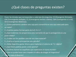 ¿Qué clases de preguntas existen? Poner las iniciales que correspondan a cada tipo de preguntas: DI (Divergente ilimitada), CM (Convergente múltiple), CC (Convergente hechos o datos), CSN (Covergentes si o no), CR (Convergentes Retóricas). 1. ¿Cómo podríamos cambiar esta caja para convertirla en una casa adecuada para un ratón? 2. ¿Cuántos países forman parte de la O. N. U.? 3. ¿Qué evidencia nos proporciona esta narración de que la protagonista es una joven infeliz? 4. ¿Cuáles son los posibles usos de una nave espacial? 5. ¿Cuál es el punto principal de este párrafo? 6. ¿Debe Argentina gastar dinero para implantar el sistema de T.V. digital? 7. ¿Qué título podrías poner a este poema? 8. ¿Quiénes fueron los españoles que exploraron el nuevo mundo? 9. ¿Qué se puede hacer para impedir el tráfico de drogas en Argentina? 10. ¿Es malo el divorcio? 