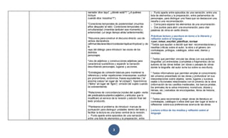 3
narrador dice 'aquí', ¿dónde está?”/ “¿A quiénes
incluye
cuando dice ‘nosotros'?”)
*Conectores temporales de posterioridad (muchos
años después/ al rato) Conectores temporales de
simultaneidad (mientras tanto/en ese momento) y
anterioridad (un largo tiempo atrás/ anteriormente).
*Recursos para construir el discurso directo: uso de
verbos declarativos
(afirmar/declarar/decir/contestar/replicar/implorar) y de
la
raya del diálogo para introducir las voces de los
distintos
personajes.
*Uso de adjetivos y construcciones adjetivas para
caracterizar sustantivos y expandir la narración
describiendo personajes, lugares y acciones.
*Estrategias de cohesión básicas para mantener la
referencia y evitar repeticiones innecesarias: sustituir
por pronombres, sinónimos, frases equivalentes (“el
enorme coloso” en lugar de “el cíclope”), hiperónimos
(“felino” en lugar de “tigre”); omisión del sujeto cuando
se sobreentiende.
*Relaciones de concordancia (núcleo del sujeto- verbo
del predicado/sustantivo adjetivo y artículos que lo
modifican) al servicio de la revisión y edición final del
texto producido.
*Plantearse el problema de introducir marcas de
puntuación para distinguir unidades dentro del texto y
facilitar la lectura es una tarea central de la revisión.
o Punto aparte entre episodios de una narración,
entre una lista de elementos y la preparación, entre
o Punto aparte entre episodios de una narración, entre una
lista de elementos y la preparación, entre parlamentos de
personajes, para distinguir una frase que se destaca en una
reseña o una recomendación.
o Coma para separar los elementos de una enumeración.
o Dos puntos para abrir una enumeración, para citar
palabras de otros en estilo directo.
Prácticas lectura y escritura en torno a lo literario y
reflexión sobre el lenguaje
-Leer, releer, escribir, planificar, revisar
*Textos que ayudan a decidir qué leer: recomendaciones y
reseñas críticas sobre el autor, la obra o el género (en
contratapas, prólogos, catálogos, sitios web, diarios y
revistas)
* Textos que permiten vincular las obras con sus autores:
biografías y/o entrevistas (completas o fragmentos) de los
autores de las obras leídas (en obras o pasajes de obras
donde la biografía del autor echa luz sobre su escritura).
* Textos informativos que permiten ampliar el conocimiento
del universo presentado en las obras y profundizar en sus
interpretaciones sobre objetos, seres, lugares y sucesos
reales o ficcionales relacionados con el universo de la obra
(información de los castillos medievales, los barcos piratas,
los animales de la selva misionera, monstruos, dioses y
héroes, etc.) extraídos de enciclopedias, libros de historia,
manuales.
* Textos para recomendar y elegir obras de literatura en
contratapas, catálogos o sitios web que dan lugar al lector a
reflexionar sobre sus preferencias acerca de las obras.
Lectura crítica de los medios y reflexión sobre el
lenguaje
 