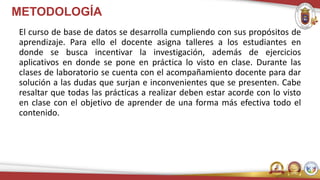 METODOLOGÍA
El curso de base de datos se desarrolla cumpliendo con sus propósitos de
aprendizaje. Para ello el docente asigna talleres a los estudiantes en
donde se busca incentivar la investigación, además de ejercicios
aplicativos en donde se pone en práctica lo visto en clase. Durante las
clases de laboratorio se cuenta con el acompañamiento docente para dar
solución a las dudas que surjan e inconvenientes que se presenten. Cabe
resaltar que todas las prácticas a realizar deben estar acorde con lo visto
en clase con el objetivo de aprender de una forma más efectiva todo el
contenido.
 