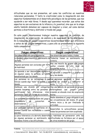 dificultades que se nos presentan, así como los conflictos en nuestras
relaciones personales. Y tanto la creatividad como la imaginación son dos
aspectos fundamentales en el desarrollo psicológico de las personas, que nos
ayudarán a ser más libres. Y desde aquí queremos recordar, que estos dos
aspectos no son exclusivos de la infancia y la juventud, sino que en la etapa
adulta también debemos ser capaces de imaginar y crear, así como darnos
permiso a divertirnos y disfrutar a través del juego.

En este punto intentaremos trabajar nuestra capacidad de creación, de
imaginación, de observación, de análisis y de superación de los obstáculos.
En la búsqueda de juegos cooperativos necesitaremos saber qué diferencia
a estos de los juegos competitivos, y para ello os presentamos la siguiente
tabla comparativa:


          Juegos competitivos                              Juegos cooperativos
Son divertidos sólo para algunos/as.               Son divertidos para todos y todas.
La mayoría experimenta un sentimiento de Todos/as tienen un sentimiento de
derrota.                                 victoria.
                                         Hay una mezcla de grupos que juegan
Algunas personas son excluidas por falta
                                         juntos creando un alto nivel de
de habilidad.
                                         aceptación mutua.
Se aprende a ser desconfiado, egoísta o,
                                         Se aprende a compartir y a confiar en
en algunos casos, la persona se siente
                                         los y las demás.
amedrentada por los demás.
Las personas no se solidarizan y son Las personas aprenden a tener un
felices cuando algo “malo” le sucede a los sentido de unidad y a compartir el
demás.                                     éxito.
Conllevan una división por categorías, Hay una mezcla de personas en grupos
creando barreras entre las personas y heterogéneos que juegan            juntos
justificando  las    diferencias  inter- creando un elevado nivel de aceptación
personales como una forma de exclusión. mutua.
                                          Nadie abandona el juego obligado/a por
Las personas perdedoras salen del juego y
                                          las circunstancias del mismo. El grupo
simplemente     se     convierten      es
                                          entero inicia y da por finalizada la
observadoras.
                                          actividad.
Las personas pierden la confianza en sí
                                        Desarrollan la autoconfianza porque
mismas cuando son rechazadas o cuando
                                        todas las personas son bien aceptadas.
pierden.
La poca tolerancia a la derrota desarrolla La habilidad de perseverar ante las
en algunas personas un sentimiento de dificultades se fortalece por el apoyo
abandono frente a las dificultades.        de otros miembros del grupo.



Trukeme. Bake heziketarako ekimen eta jolas kooperatiboen esparrua.                               11
             Espacio de recursos en actividades de educación para la paz y juegos cooperativos.
c/ Simón Bolívar 8 B Bilbao 48010 Telf.: 94.400.99.99 trukeme@bakeola.org www.bakeola.org
 
