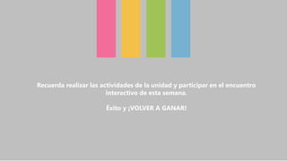 Recuerda realizar las actividades de la unidad y participar en el encuentro
interactivo de esta semana.
Éxito y ¡VOLVER A GANAR!