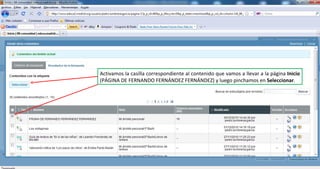 Activamos la casilla correspondiente al contenido que vamos a llevar a la página  Inicio  (PÁGINA DE FERNANDO FERNÁNDEZ FERNÁNDEZ) y luego pinchamos en  Seleccionar . 