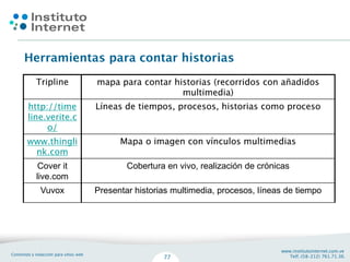 Cover it           Cobertura en vivo, realización de crónicas
live.com
 Vuvox      Presentar historias multimedia, procesos, líneas de tiempo
 