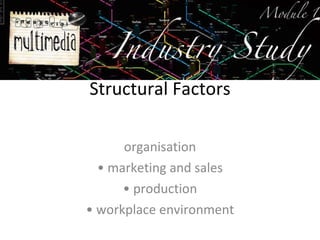 Structural Factors organisation •  marketing and sales •  production •  workplace environment 