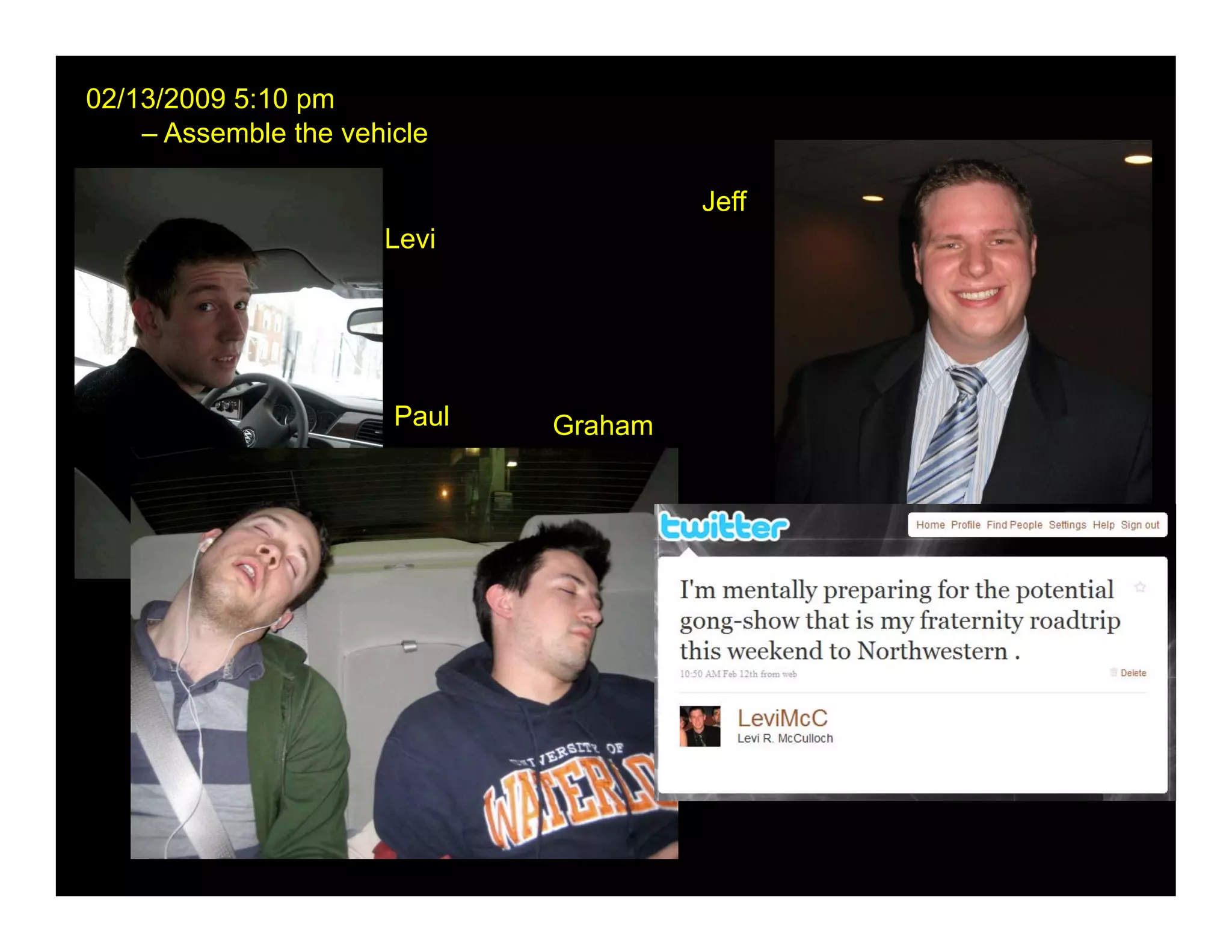 02/13/2009 5:10 pm
    – Assemble the vehicle

                                       Jeff
                      Levi




                       Paul   Graham
 