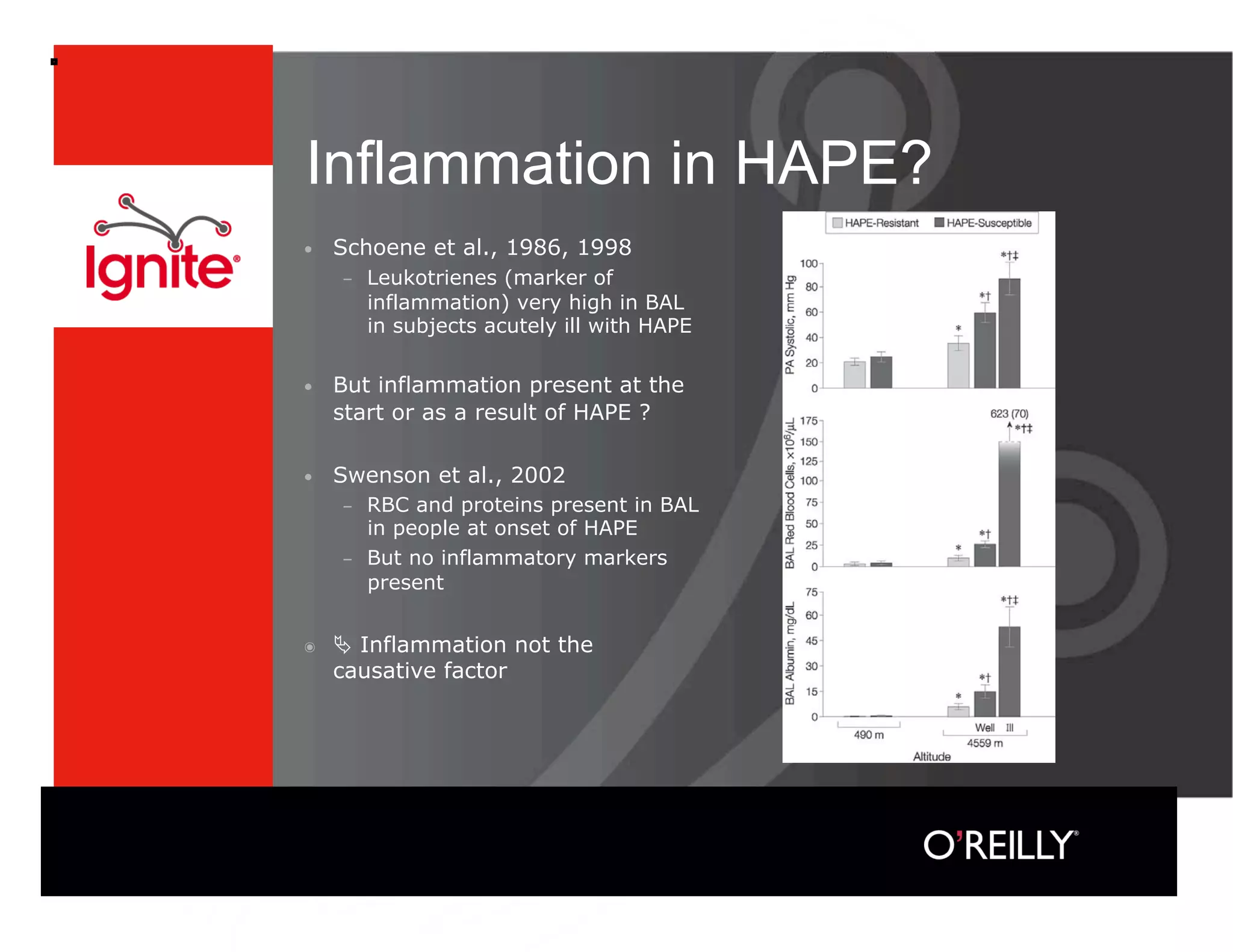 Inflammation in HAPE?
•    Schoene et al., 1986, 1998
     –    Leukotrienes (marker of
          inflammation) very high in BAL
          in subjects acutely ill with HAPE

•    But inflammation present at the
     start or as a result of HAPE ?

•    Swenson et al., 2002
     –  RBC and proteins present in BAL
        in people at onset of HAPE
     –  But no inflammatory markers
        present


๏     Inflammation not the
     causative factor
 