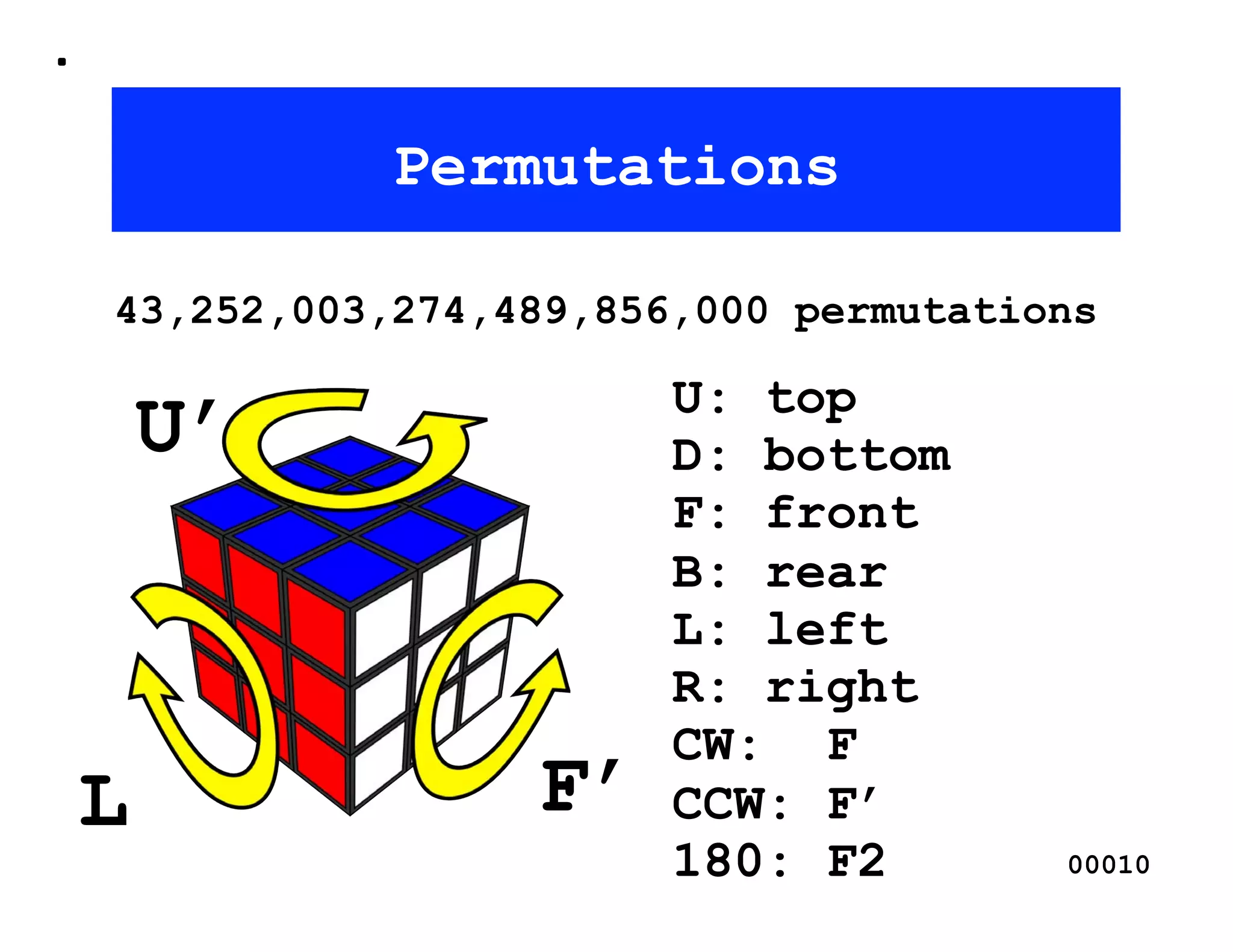 Permutations

43,252,003,274,489,856,000 permutations

                      U: top
    U’                D: bottom
                      F: front
                      B: rear
                      L: left
                      R: right
                      CW: F
L               F’    CCW: F’
                      180: F2        00010
 