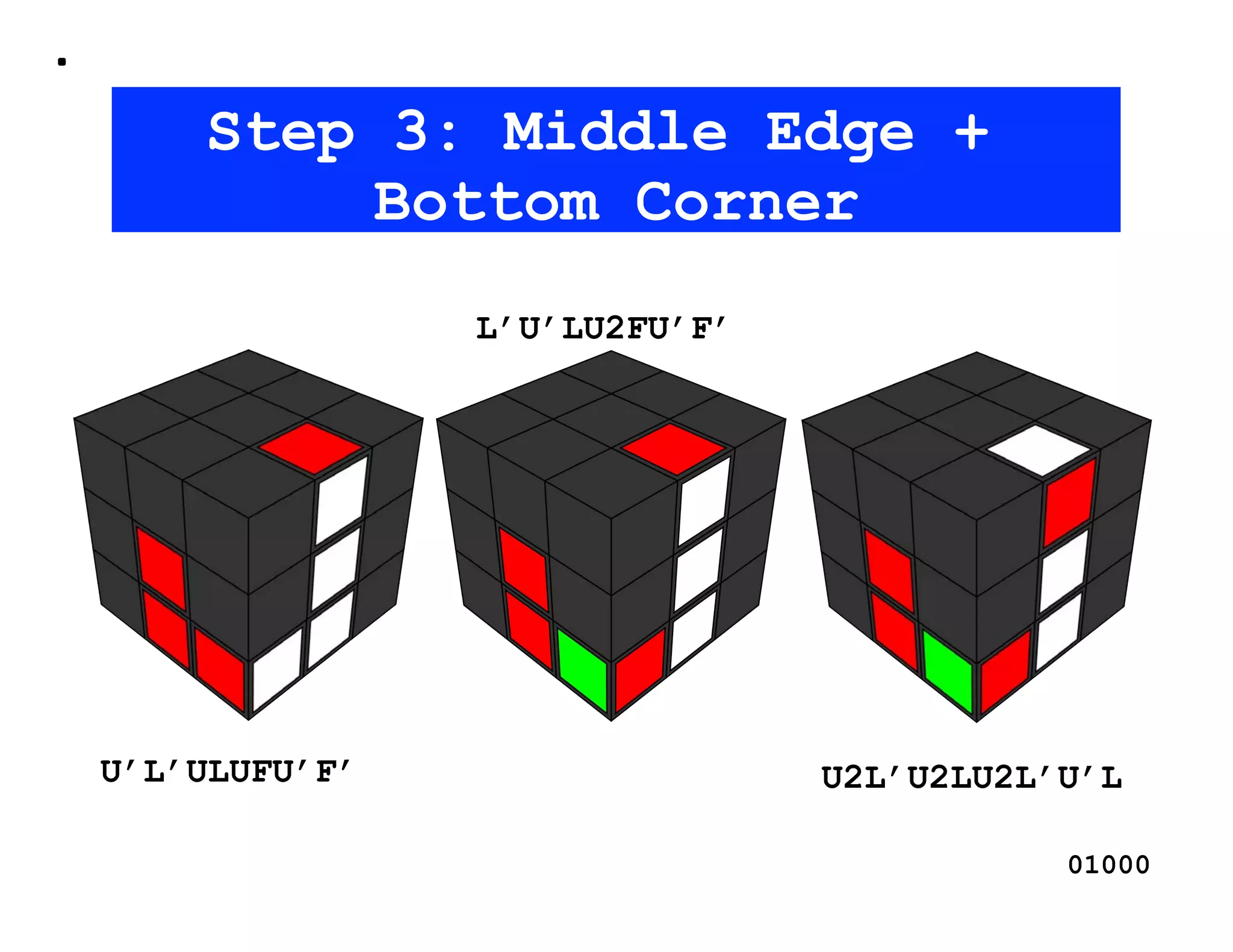 Step 3: Middle Edge +
        Bottom Corner
               L’U’LU2FU’F’




U’L’ULUFU’F’                  U2L’U2LU2L’U’L

                                         01000
 