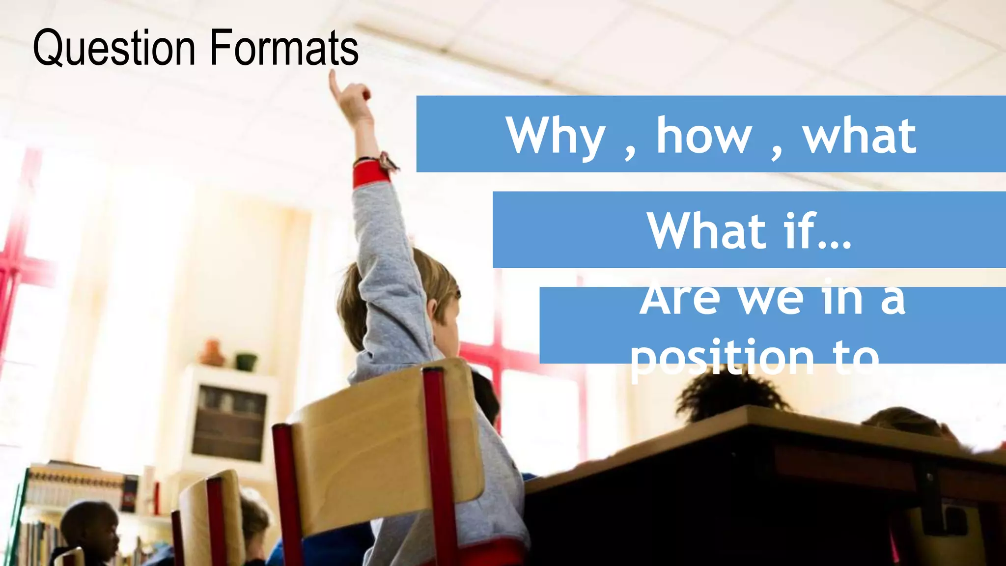 Question Formats
Why , how , what
What if…
Are we in a
position to..
 