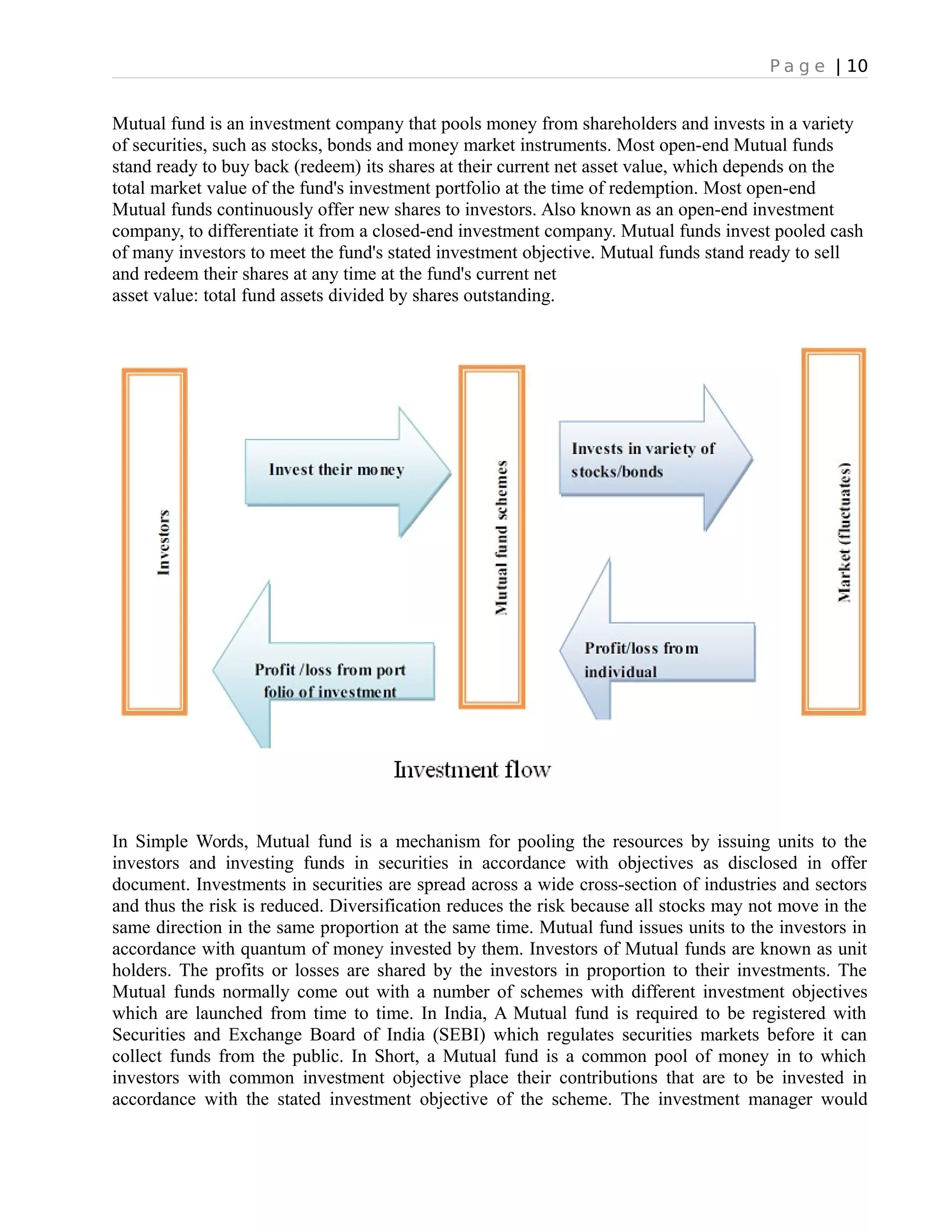P a g e | 10
Mutual fund is an investment company that pools money from shareholders and invests in a variety
of securities, such as stocks, bonds and money market instruments. Most open-end Mutual funds
stand ready to buy back (redeem) its shares at their current net asset value, which depends on the
total market value of the fund's investment portfolio at the time of redemption. Most open-end
Mutual funds continuously offer new shares to investors. Also known as an open-end investment
company, to differentiate it from a closed-end investment company. Mutual funds invest pooled cash
of many investors to meet the fund's stated investment objective. Mutual funds stand ready to sell
and redeem their shares at any time at the fund's current net
asset value: total fund assets divided by shares outstanding.
In Simple Words, Mutual fund is a mechanism for pooling the resources by issuing units to the
investors and investing funds in securities in accordance with objectives as disclosed in offer
document. Investments in securities are spread across a wide cross-section of industries and sectors
and thus the risk is reduced. Diversification reduces the risk because all stocks may not move in the
same direction in the same proportion at the same time. Mutual fund issues units to the investors in
accordance with quantum of money invested by them. Investors of Mutual funds are known as unit
holders. The profits or losses are shared by the investors in proportion to their investments. The
Mutual funds normally come out with a number of schemes with different investment objectives
which are launched from time to time. In India, A Mutual fund is required to be registered with
Securities and Exchange Board of India (SEBI) which regulates securities markets before it can
collect funds from the public. In Short, a Mutual fund is a common pool of money in to which
investors with common investment objective place their contributions that are to be invested in
accordance with the stated investment objective of the scheme. The investment manager would
 