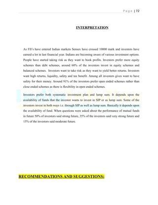 P a g e | 72
INTERPRETATION
As FII’s have entered Indian markets Sensex have crossed 10000 mark and investors have
earned a lot in last financial year. Indians are becoming aware of various investment options.
People have started taking risk as they want to book profits. Investors prefer more equity
schemes than debt schemes, around 60% of the investors invest in equity schemes and
balanced schemes. Investors want to take risk as they want to yield better returns. Investors
want high returns, liquidity, safety and tax benefit. Among all investors gives want to have
safety for their money. Around 91% of the investors prefer open ended schemes rather than
close ended schemes as there is flexibility in open ended schemes.
Investors prefer both systematic investment plan and lump sum. It depends upon the
availability of funds that the investor wants to invest in SIP or as lump sum. Some of the
investors invest in both ways i.e. through SIP as well as lump sum. Basically it depends upon
the availability of fund. When questions were asked about the performance of mutual funds
in future 50% of investors said strong future, 35% of the investors said very strong future and
15% of the investors said moderate future.
RECOMMENDATIONS AND SUGGESTIONS:
 
