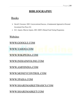 P a g e | 84
BIBLIOGRAPHY
Books
 David F, Swensen. 2005. Unconventional Success. A fundamental Approach to Personal
Investment Free Press 416
 D.C. Anjaria. Dhaivat Anjaria. 2001 AMFI’s Mutual Fund Testing Programme.
Websites
WWW.GOOGLE.COM
WWW.YAHOO.COM
WWW.WIKIPEDIA.COM
WWW.INDIAINFOLINE.COM
WWW.AMFIINDIA.COM
WWW.MONEYCONTROL.COM
WWW.5PAISA.COM
WWW.SHAREMARKETBASICS.COM
WWW.SHAREMARKET.COM
 