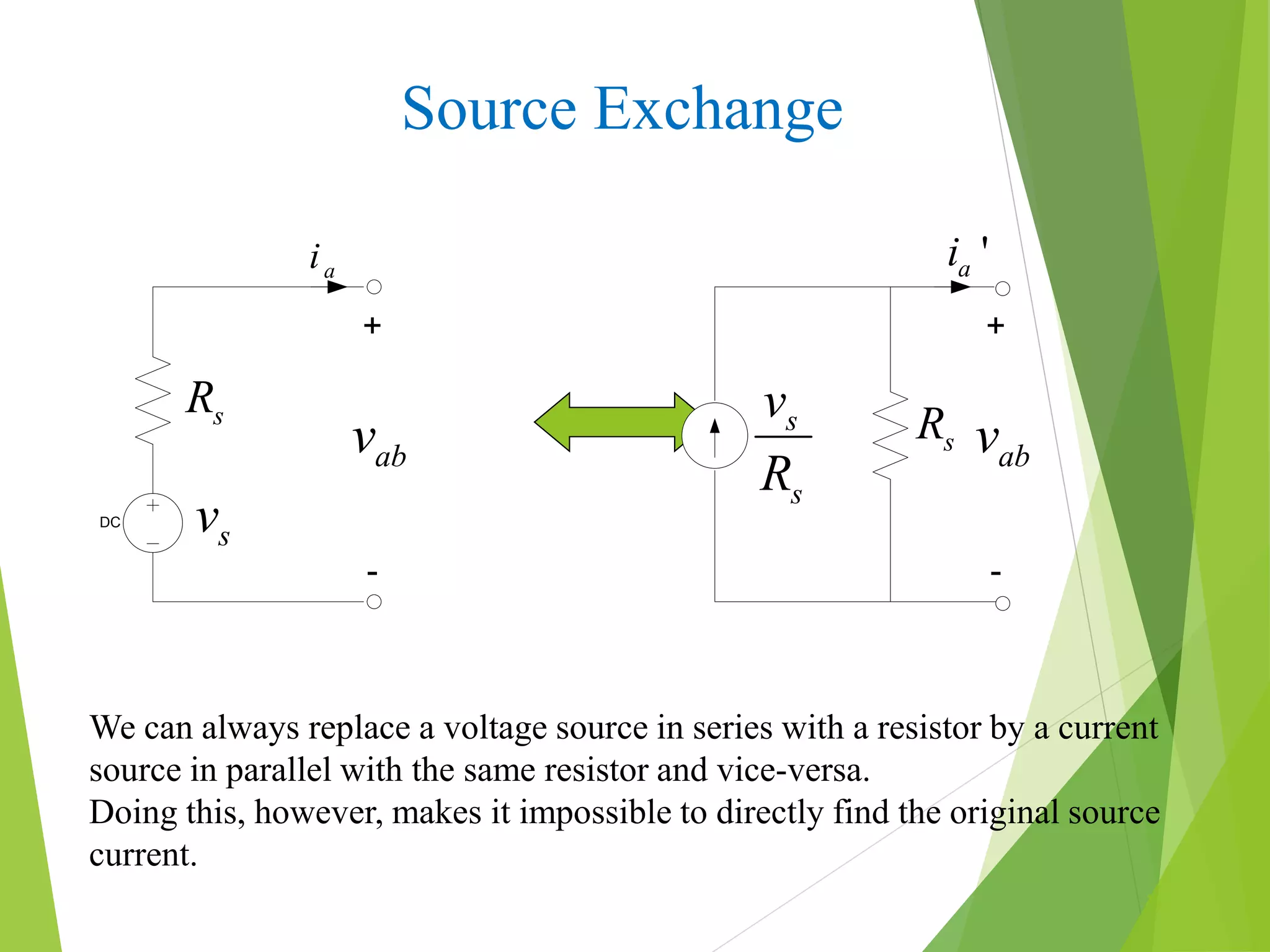 10
Source Exchange
DC
sv
sR
abv
+
-
abv
+
-
sRs
s
v
R
ai 'ai
We can always replace a voltage source in series with a resistor by a current
source in parallel with the same resistor and vice-versa.
Doing this, however, makes it impossible to directly find the original source
current.
 