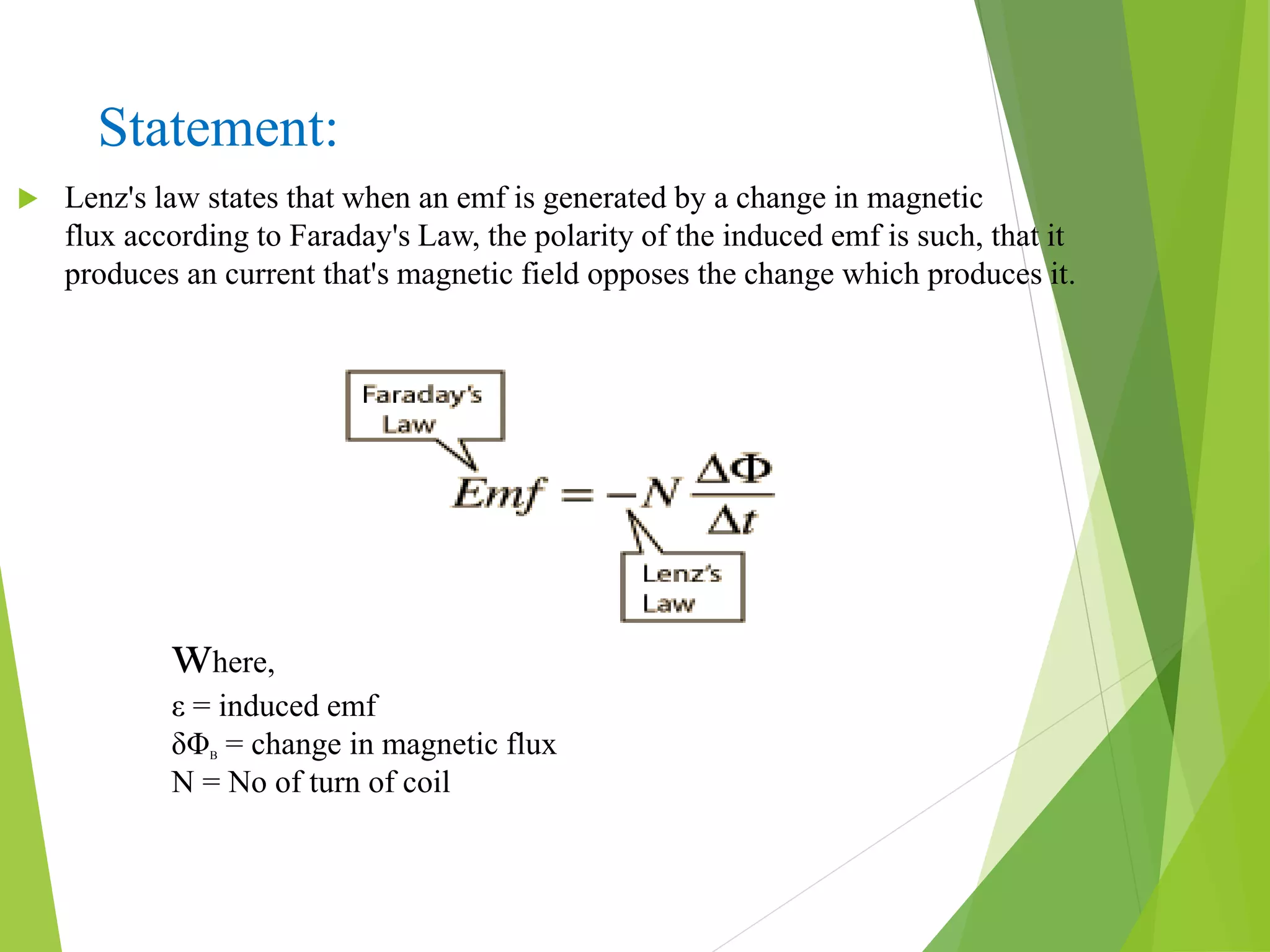 Statement:
 Lenz's law states that when an emf is generated by a change in magnetic
flux according to Faraday's Law, the polarity of the induced emf is such, that it
produces an current that's magnetic field opposes the change which produces it.
where,
ε = induced emf
δΦB = change in magnetic flux
N = No of turn of coil
 