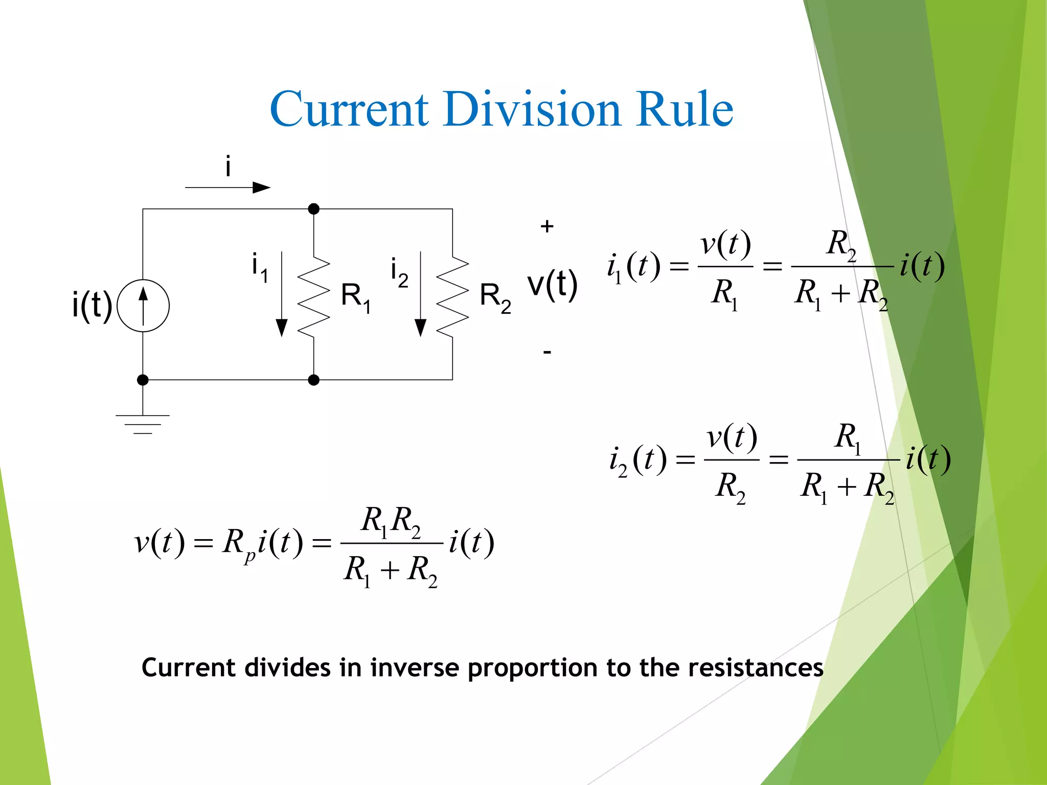 Current Division Rule
i(t) R1
i
R2
i1 i2 v(t)
+
-
1 2
1 2
( ) ( ) ( )p
R R
v t R i t i t
R R
 

2
1
1 1 2
( )
( ) ( )
Rv t
i t i t
R R R
 

1
2
2 1 2
( )
( ) ( )
Rv t
i t i t
R R R
 

Current divides in inverse proportion to the resistances
 