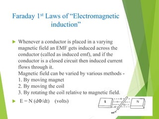 Faraday 1st Laws of “Electromagnetic
induction”
 Whenever a conductor is placed in a varying
magnetic field an EMF gets induced across the
conductor (called as induced emf), and if the
conductor is a closed circuit then induced current
flows through it.
Magnetic field can be varied by various methods -
1. By moving magnet
2. By moving the coil
3. By rotating the coil relative to magnetic field.
 E = N (dΦ/dt) (volts)
 