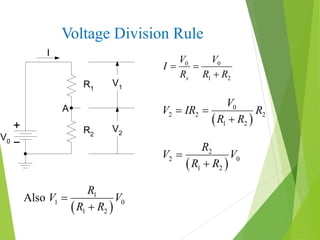 Voltage Division Rule
8
V0
I
R1
R2
V1
V2
A
0 0
1 2s
V V
I
R R R
 

 
0
2 2 2
1 2
V
V IR R
R R
 

 
2
2 0
1 2
R
V V
R R


 
1
1 0
1 2
Also
R
V V
R R


 