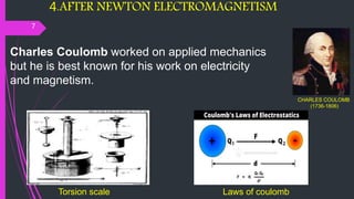4.AFTER NEWTON ELECTROMAGNETISM
7
CHARLES COULOMB
(1736-1806)
Charles Coulomb worked on applied mechanics
but he is best known for his work on electricity
and magnetism.
Torsion scale Laws of coulomb
 