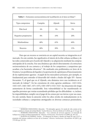 PEQUENAS CIDADES NO TEMPO. O AMBIENTE E OUTROS TEMAS
66
Tabla 1 - Estructura socioeconómica de la población en el área sevillana16
.
Tipos campesinos Campiña Aljarafe Sierra
Élite local 4% 5% 5%
Pequeños propietarios 8% 10% 20%
Minifundistas 48% 65% 60%
Braceros 40% 20% 15%
Para que un recurso se convierta en un capital necesita su integración en el
mercado. En este sentido, fue significativo el interés de la élite urbana sevillana y de
las redes comerciales por el aceite del Aljarafe y su adquisición mediante las compras
anticipadas de la cosecha. Fue una dinámica que afectó directamente a la estructura
socioeconómica de esa comarca y al trabajo de los campesinos y campesinas que
acudían a las haciendas olivareras17
. He analizado esta problemática en Jerez de la
Frontera. Los problemas de liquidez y la aportación de capital para el funcionamiento
de las explotaciones agrarias –el papel de los mercaderes jerezanos, por ejemplo, es
fundamental para entender el desarrollo del viñedo a finales del siglo XV– fueron
frecuentes. Y, al igual que en el Aljarafe, esta dinámica tuvo una incidencia en el
mercado de trabajo18
. En las coyunturas de crisis agrarias andaluzas –1413-1414,
1432-1437, 1463-1467, 1471-1474, 1503-1507 ó 1521-1523 –las situaciones de riesgo
aumentaron de forma considerable. Esta vulnerabilidad se fue manifestando en
aquellas personas que venían acumulando pérdidas que les dificultaban –o, incluso,
les imposibilitaban cumplir con el pago de los censos por sus tierras o por sus casas.
En este sentido, llamo la atención sobre los altos niveles de endeudamiento en la
sociedades urbanas y campesinas atestiguados en diversas comarcas peninsulares,
16
BORRERO FERNÁNDEZ, Mercedes - “El subempleo agrario. Un modo de vida común en los
campos andaluces a finales de la Edad Media”. Studia Historica. Historia Medieval 31 (2014), pp. 23-45, pp. 30.
17
BORRERO FERNÁNDEZ, Mercedes - “Los contratos de servicios agrarios y el mercado de
trabajo en el campo sevillano bajomedieval”. Historia. Instituciones. Documentos 14 (1988), pp. 181-225.
18
MARTÍN GUTIÉRREZ, Emilio - “El Memorial de bienes y deudas de Diego de Lepe (1517): a
propósito del sistema crediticio en Jerez de la Frontera”. Historia. Instituciones. Documentos 44 (2017), pp.
179-209, pp. 193-195.
 