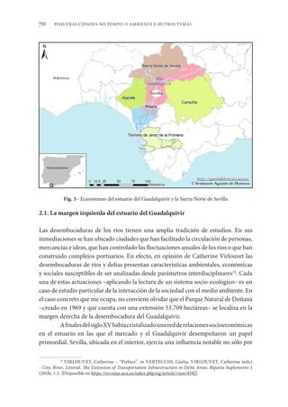 PEQUENAS CIDADES NO TEMPO. O AMBIENTE E OUTROS TEMAS
70
2.1. La margen izquierda del estuario del Guadalquivir
Las desembocaduras de los ríos tienen una amplia tradición de estudios. En sus
inmediaciones se han ubicado ciudades que han facilitado la circulación de personas,
mercancías e ideas, que han controlado las fluctuaciones anuales de los ríos o que han
construido complejos portuarios. En efecto, en opinión de Catherine Virlouvet las
desembocaduras de ríos y deltas presentan características ambientales, económicas
y sociales susceptibles de ser analizadas desde parámetros interdisciplinares32
. Cada
una de estas actuaciones –aplicando la lectura de un sistema socio-ecológico– es un
caso de estudio particular de la interacción de la sociedad con el medio ambiente. En
el caso concreto que me ocupa, no conviene olvidar que el Parque Natural de Doñana
–creado en 1969 y que cuenta con una extensión 53.709 hectáreas– se localiza en la
margen derecha de la desembocadura del Guadalquivir.
AfinalesdelsigloXVhabíacristalizadounaredderelacionessocioeconómicas
en el estuario en las que el mercado y el Guadalquivir desempeñaron un papel
primordial. Sevilla, ubicada en el interior, ejercía una influencia notable no sólo por
32
VIRLOUVET, Catherine – “Préface”. in VERTECCHI, Giulia; VIRLOUVET, Catherine (eds.)
- City, River, Littoral. The Extension of Transportation Infraestructure in Delta Areas. Riparia Suplemento 1
(2018), 1-2. [Disponible en https://revistas.uca.es/index.php/sig/article/view/4342]
Fig. 3 - Ecosistemas del estuario del Guadalquivir y la Sierra Norte de Sevilla
 