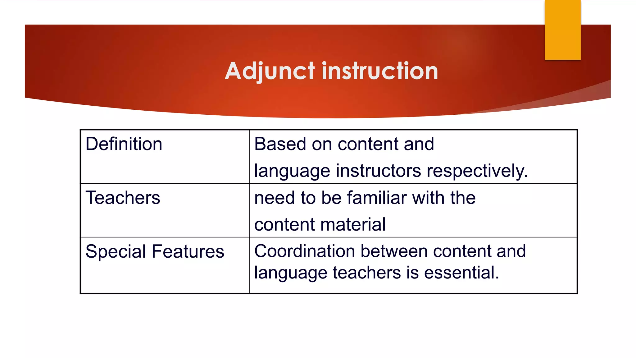 Definition Based on content and
language instructors respectively.
Teachers need to be familiar with the
content material
Special Features Coordination between content and
language teachers is essential.
Adjunct instruction
 