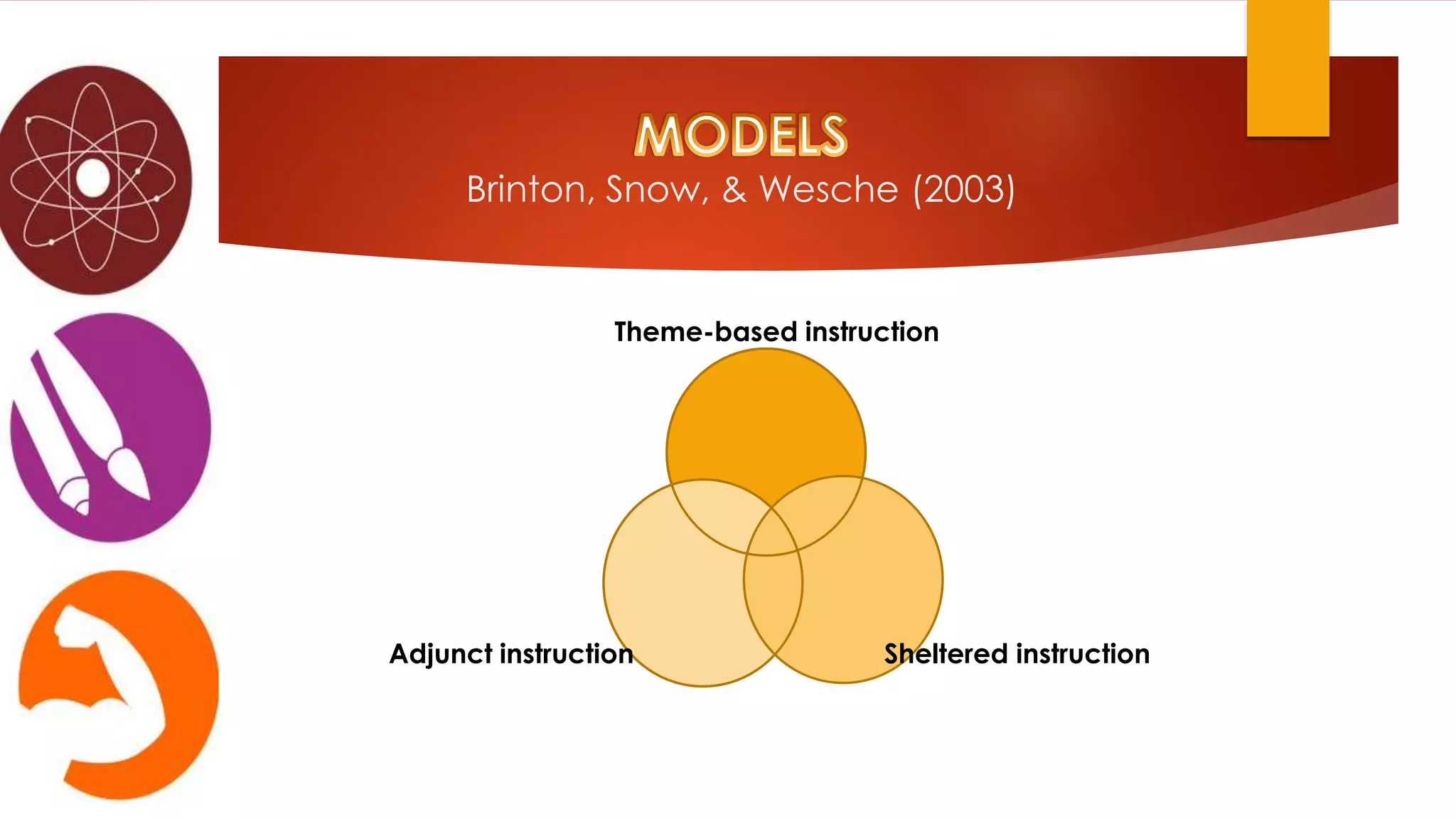 Brinton, Snow, & Wesche (2003)
Theme-based instruction
Adjunct instruction Sheltered instruction
 