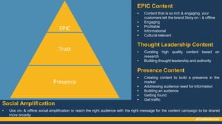 @TheNextCorner
EPIC
Trust
Presence
Presence Content
• Creating content to build a presence in the
market
• Addressing audi...