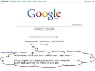 De homepage van Google focust heel hard op 1 taak: zoeken.Dat lijkt logisch. Maar eigenlijk is het straf. Want Google als bedrijf doet gigantisch veel meer dan enkel dat…