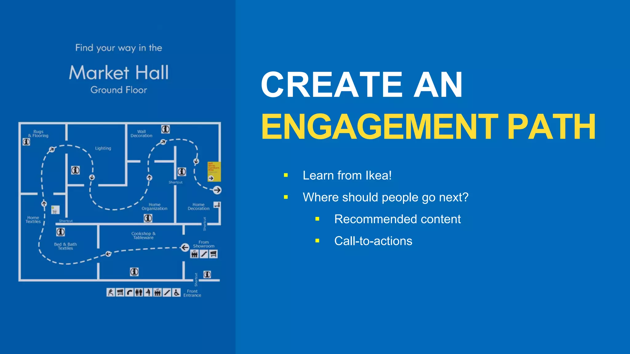  Learn from Ikea!
 Where should people go next?
 Recommended content
 Call-to-actions
CREATE AN
ENGAGEMENT PATH
 