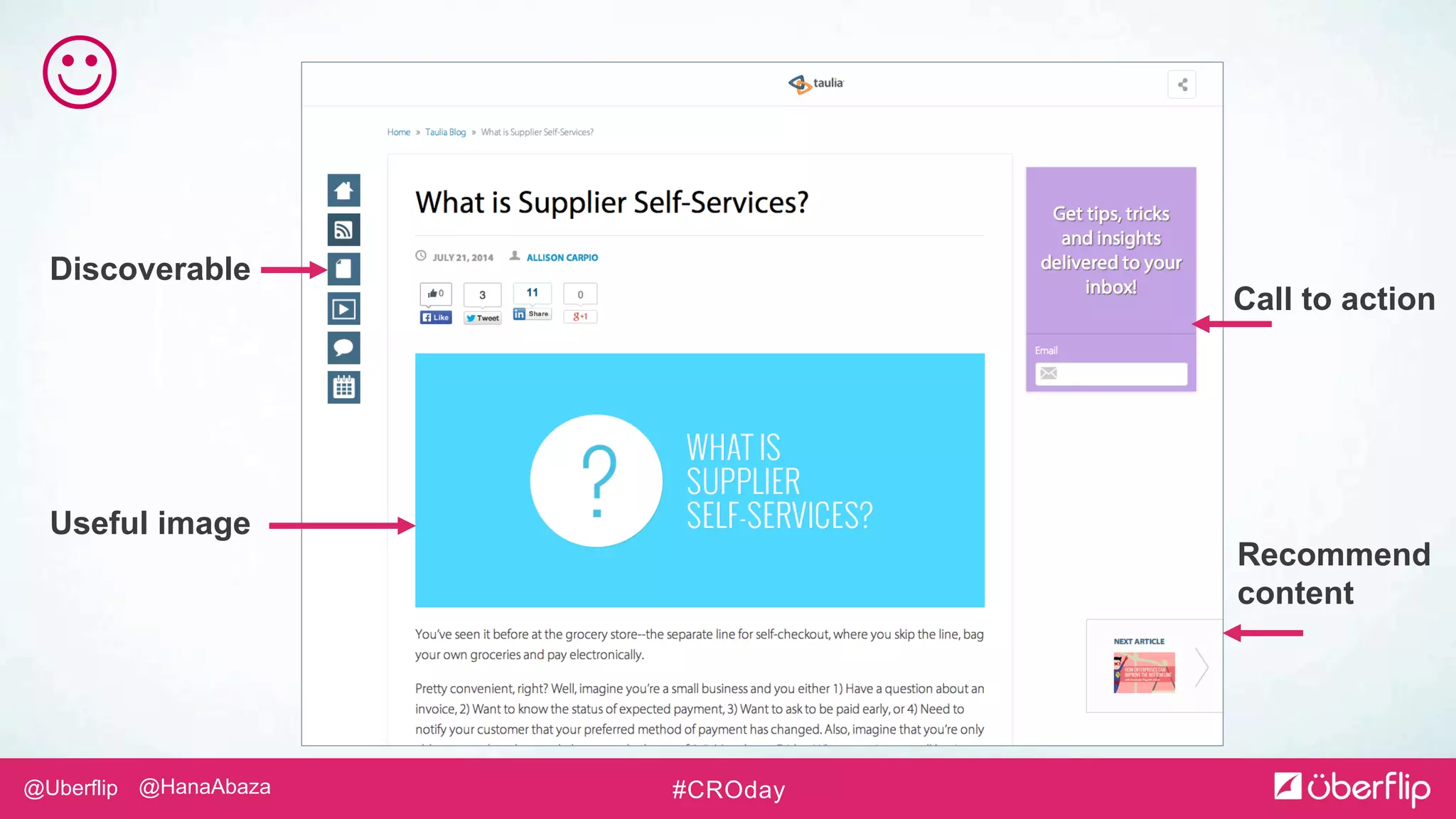 @Uberflip #CROday@HanaAbaza
Call to action
Recommend
content
Useful image
Discoverable

 