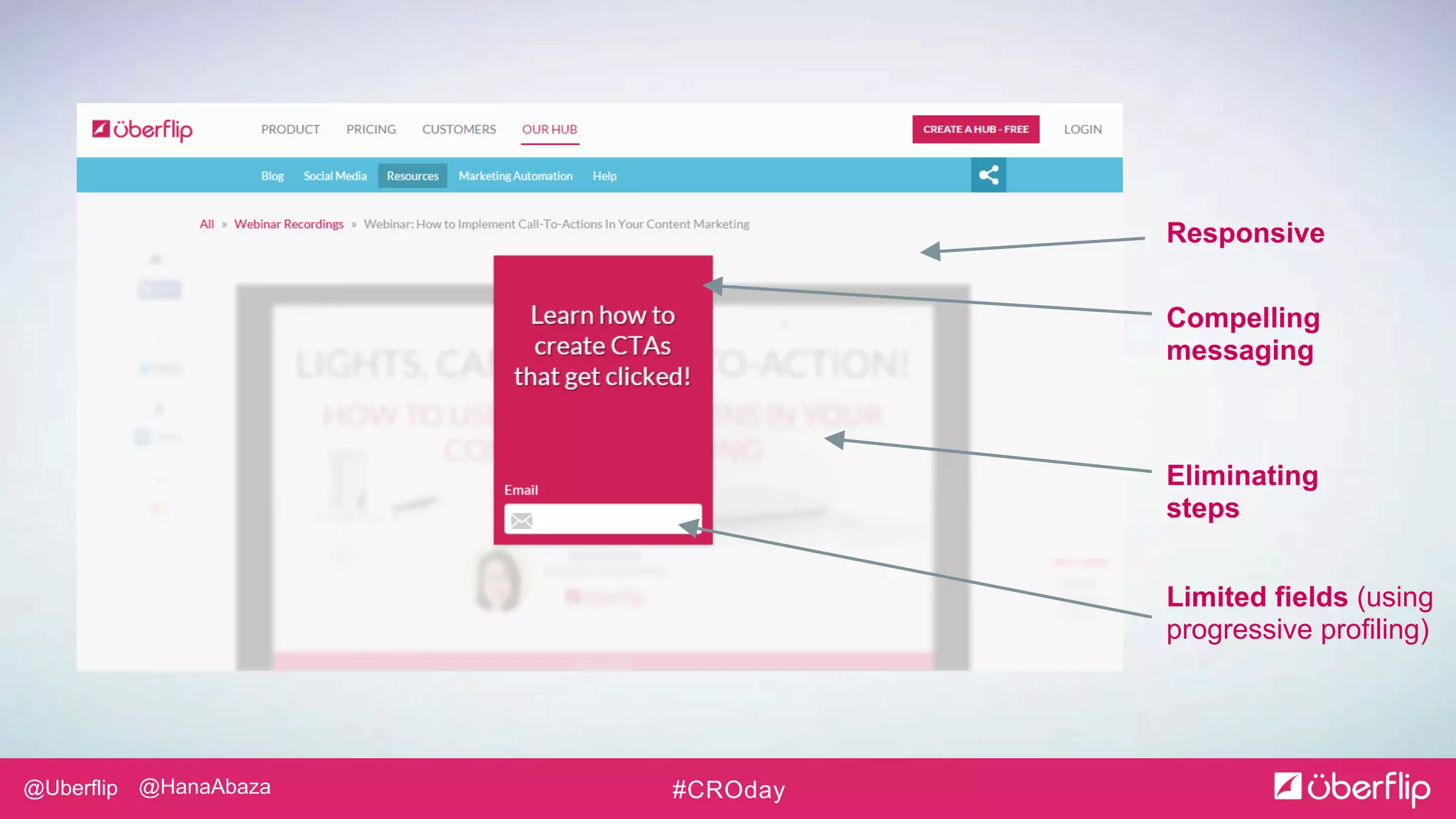 @Uberflip #CROday@HanaAbaza
Limited fields (using
progressive profiling)
Responsive
Compelling
messaging
Eliminating
steps
 