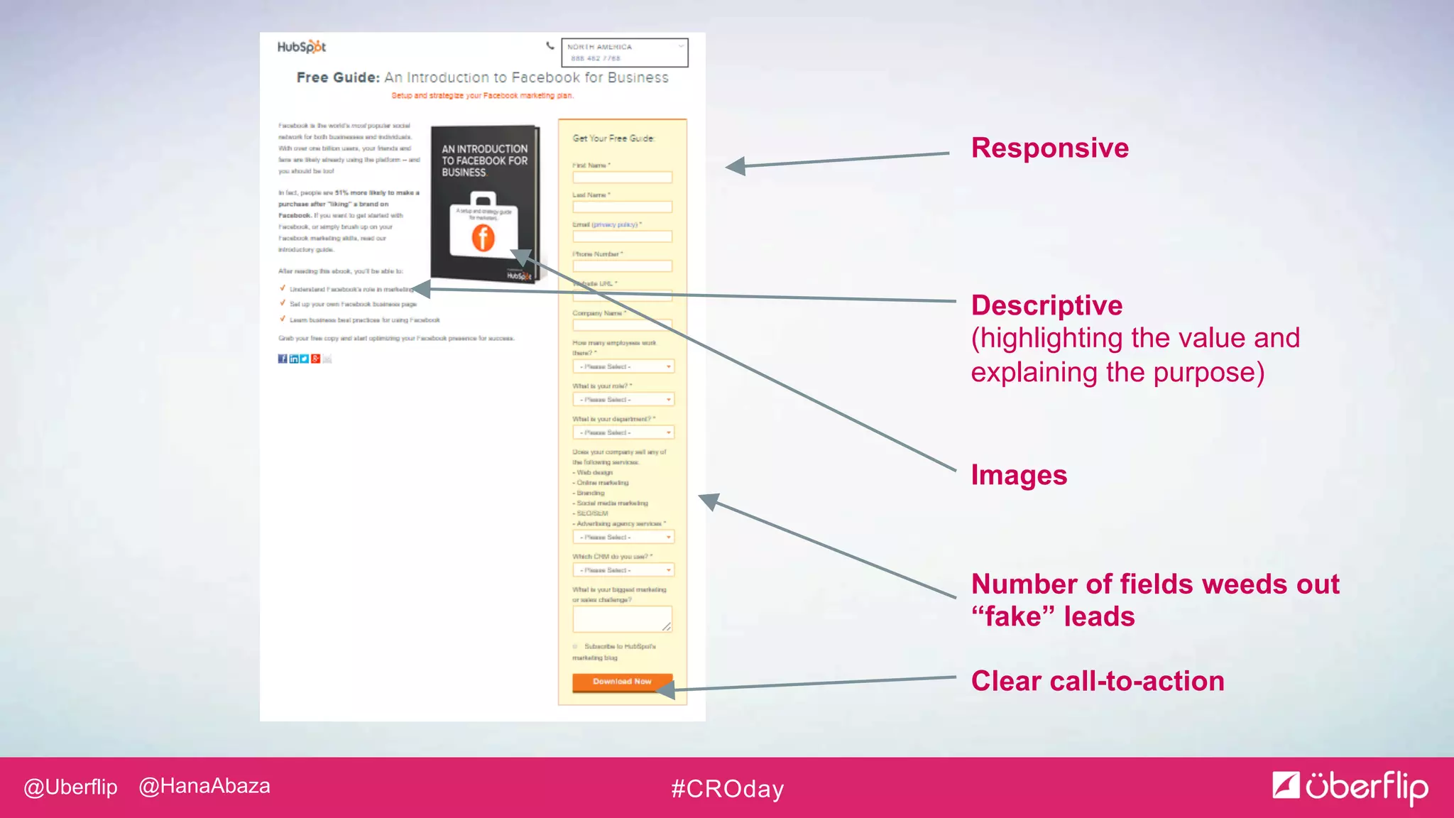 @Uberflip #CROday@HanaAbaza
Number of fields weeds out
“fake” leads
Images
Responsive
Descriptive
(highlighting the value and
explaining the purpose)
Clear call-to-action
 