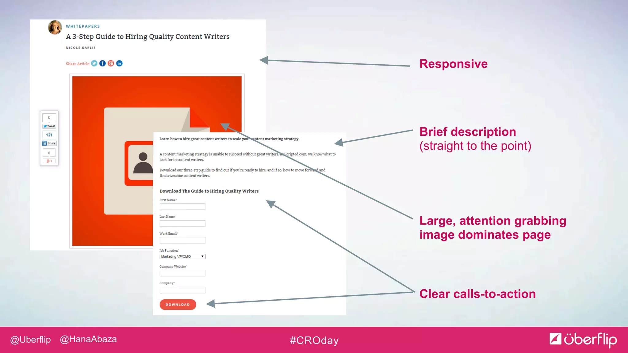 @Uberflip #CROday@HanaAbaza
Large, attention grabbing
image dominates page
Responsive
Brief description
(straight to the point)
Clear calls-to-action
 