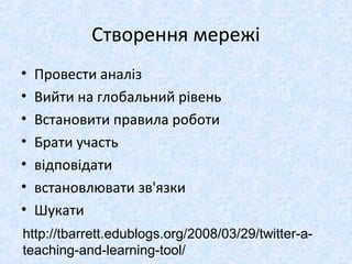 Створення мережі
• Провести аналіз
• Вийти на глобальний рівень
• Встановити правила роботи
• Брати участь
• відповідати
• встановлювати зв'язки
• Шукати
http://tbarrett.edublogs.org/2008/03/29/twitter-a-
teaching-and-learning-tool/
 