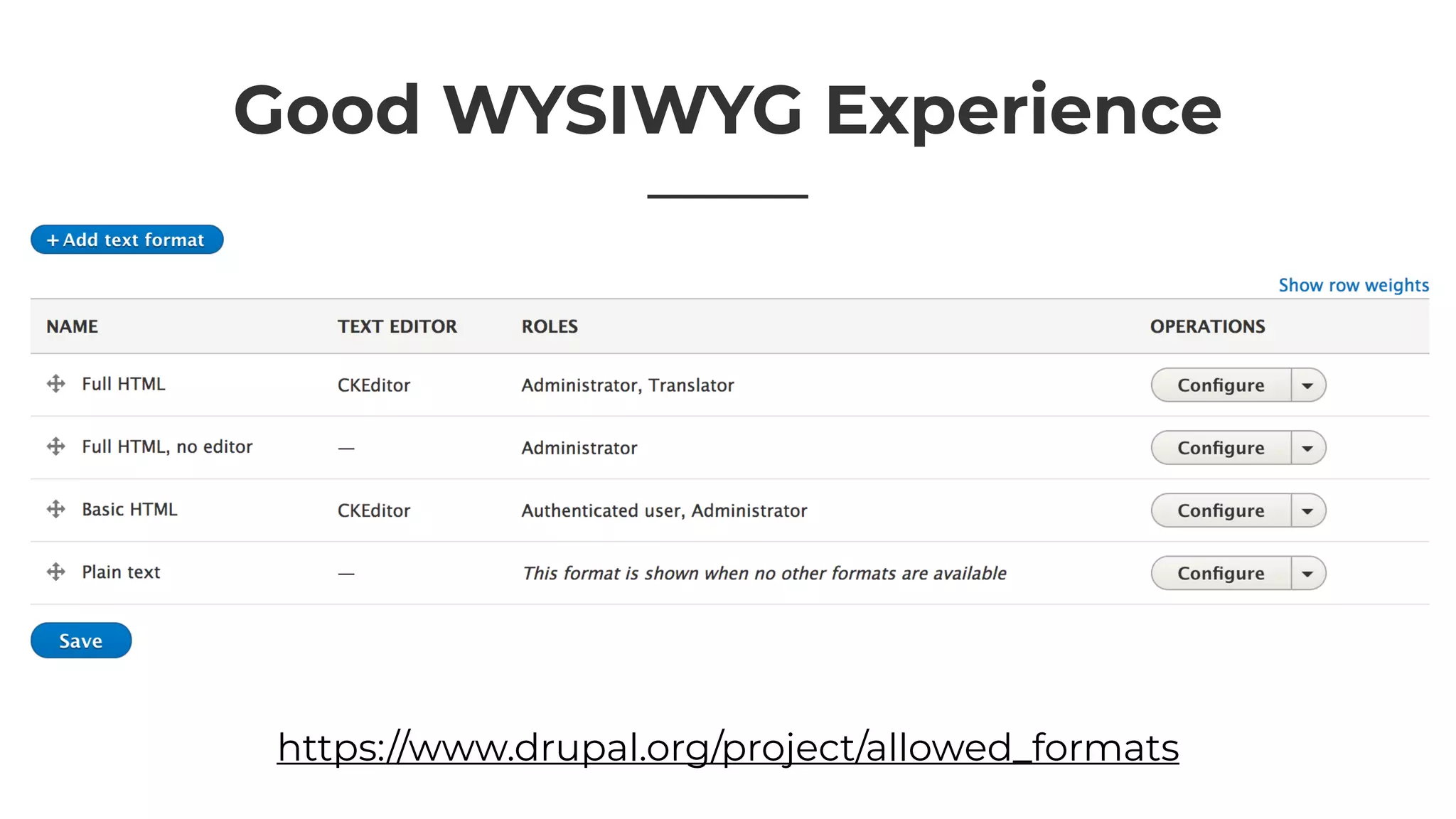 Good WYSIWYG Experience
https://www.drupal.org/project/allowed_formats
 