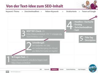 SEO Keywords Redaktion Technik Content Marketing Link-Strategien
SEO für Redaktionen
Von der Text-Idee zum SEO-Inhalt
31
W-Fragen-Tool. z.B.
https://www.search-one.de/w-fragen-tool/
http://tipps.co/seolyze
1
WDF*IDF-Check. z.B.
http://tipps.co/seolyze oder in onpage.org,
Searchmetrics u.s.w.
3
Schreibregel:
ein Gedanke, ein Satz
ein Gedankengang, ein Absatz
pro Bildschirmseite ein Kapitel
2
• Headline / Dachzeile
• Einstieg
• Zwischenheadlines
• Fazit
4
• Title-Tag
• Description5
Keyword / Thema Neben-KeywordsZwischenheadlines Strukturtexte Teaser auf Google> > > >
 