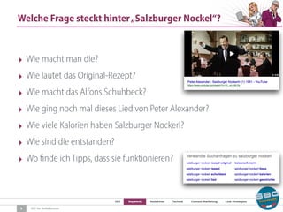 SEO Keywords Redaktion Technik Content Marketing Link-Strategien
SEO für Redaktionen
Welche Frage steckt hinter„Salzburger Nockel“?
9
‣ Wie macht man die?
‣ Wie lautet das Original-Rezept?
‣ Wie macht das Alfons Schuhbeck?
‣ Wie ging noch mal dieses Lied von Peter Alexander?
‣ Wie viele Kalorien haben Salzburger Nockerl?
‣ Wie sind die entstanden?
‣ Wo finde ich Tipps, dass sie funktionieren?
 