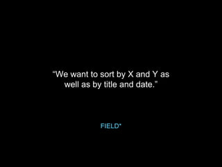 “We want to sort by X and Y as
well as by title and date.”
FIELD*
 