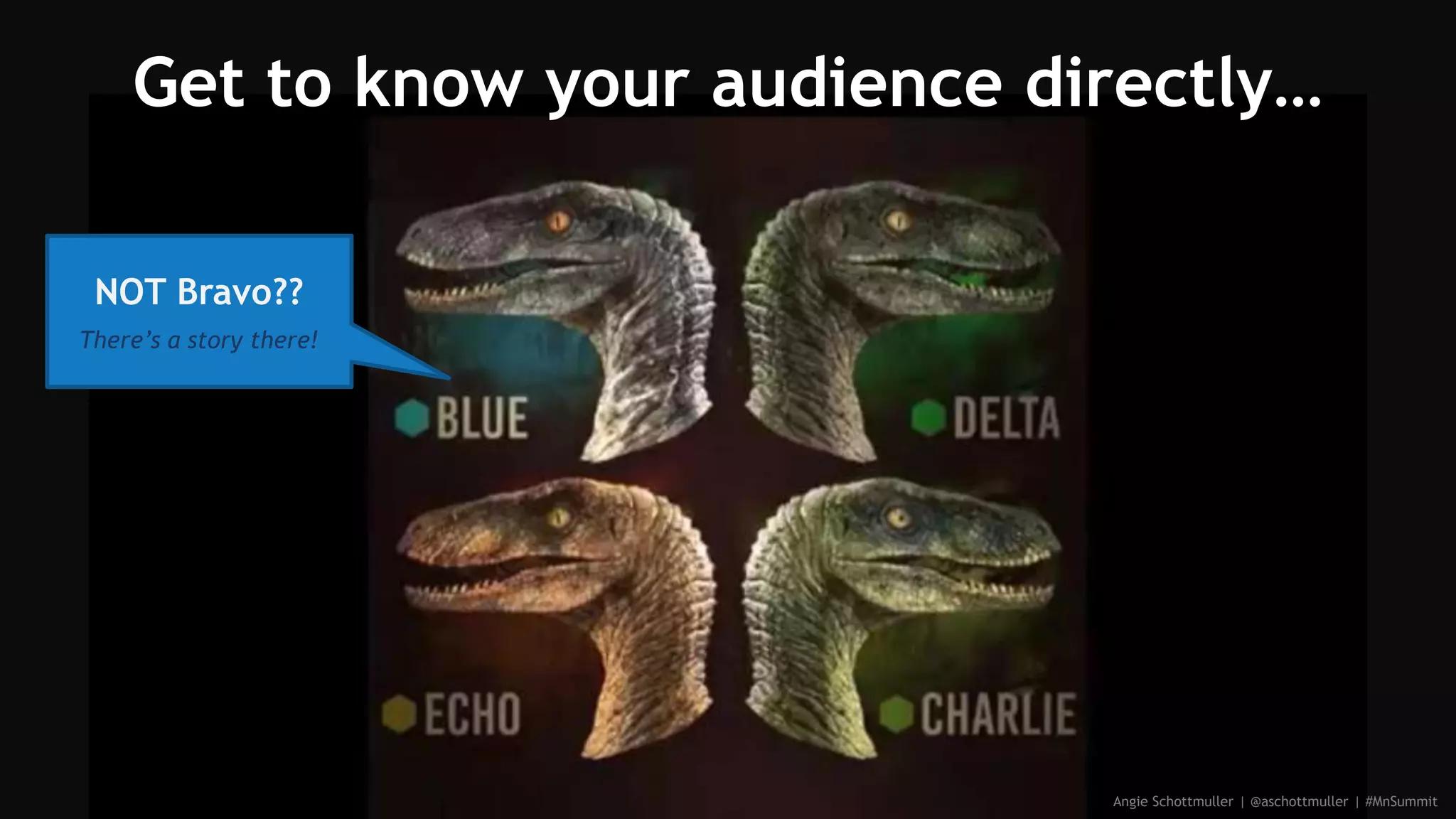 Get to know your audience directly…
Angie Schottmuller | @aschottmuller | #MnSummit
NOT Bravo??
There’s a story there!
 