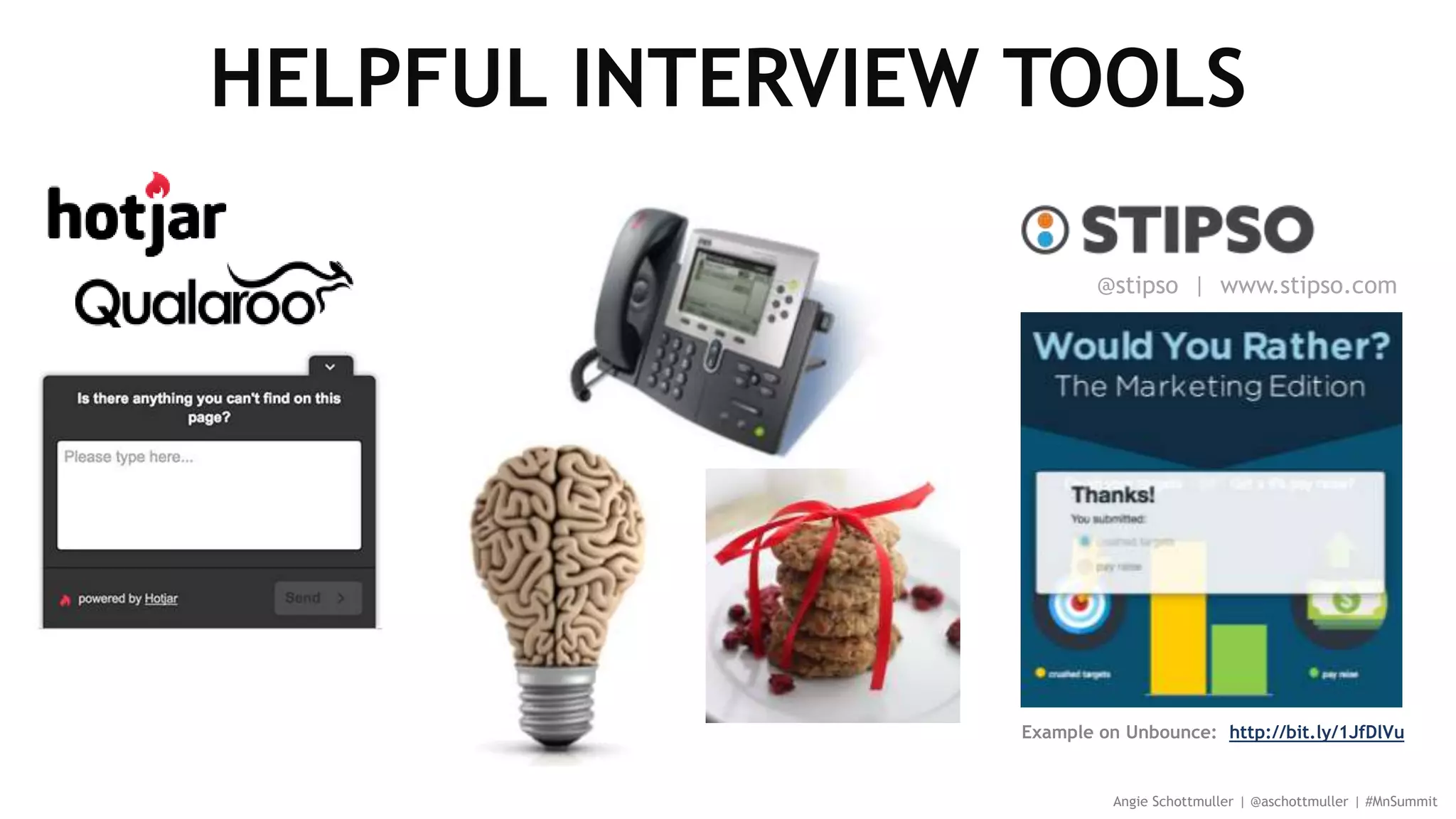 HELPFUL INTERVIEW TOOLS
Angie Schottmuller | @aschottmuller | #MnSummit
@stipso | www.stipso.com
Example on Unbounce: http://bit.ly/1JfDlVu
 