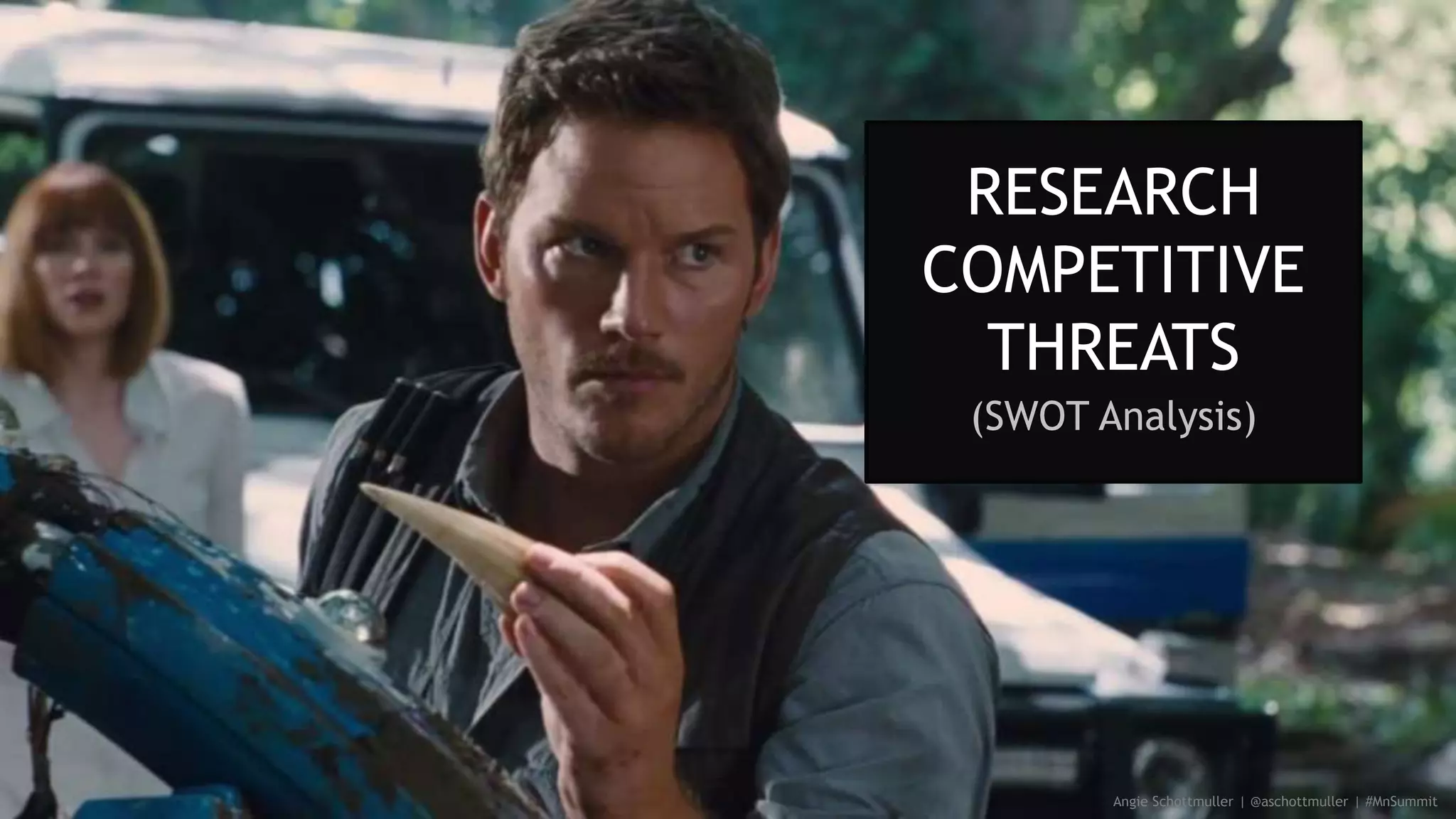 Angie Schottmuller | @aschottmuller | #MnSummit
RESEARCH
COMPETITIVE
THREATS
(SWOT Analysis)
 