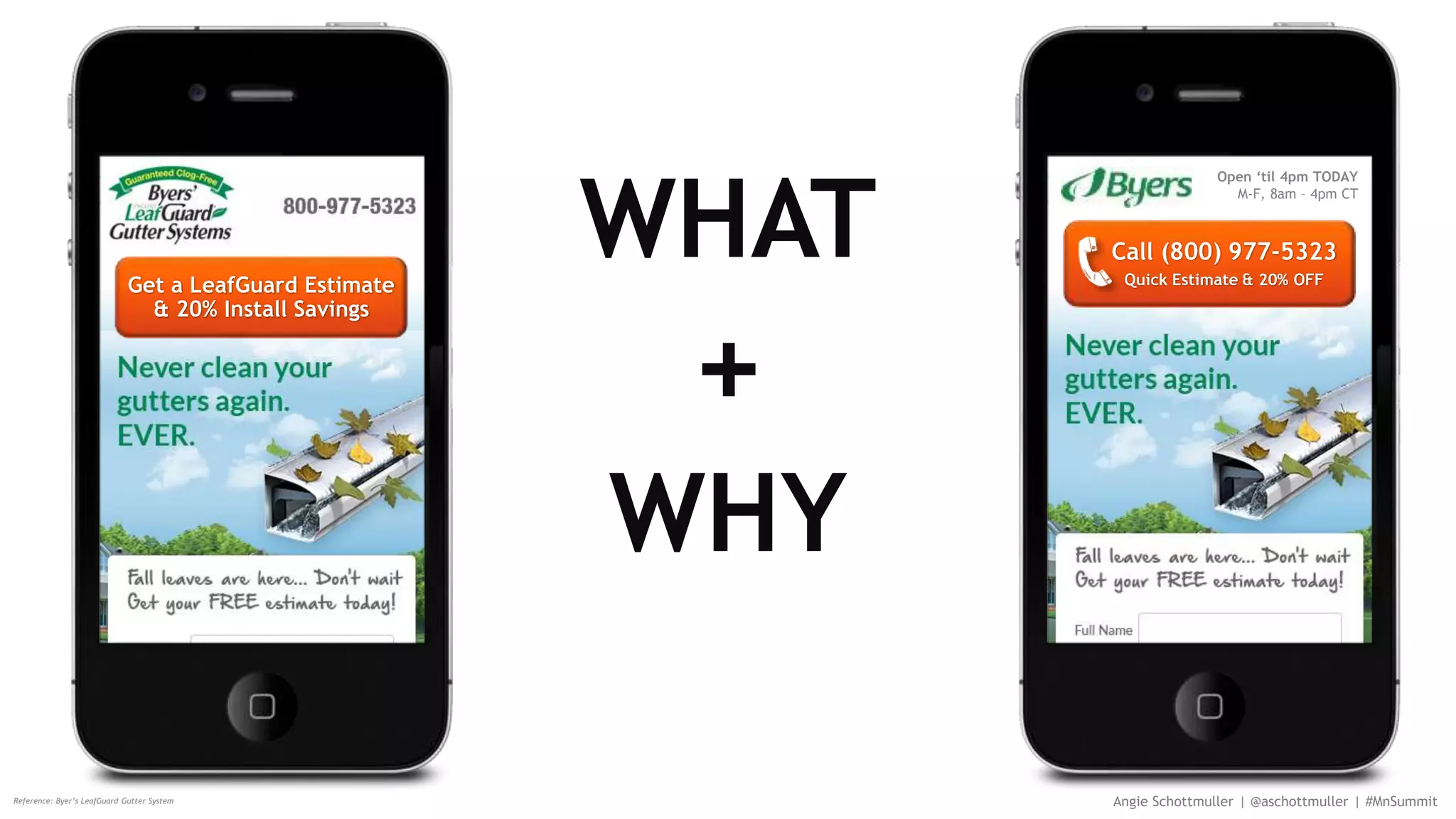 Reference: Byer’s LeafGuard Gutter System
WHAT
+
WHY
Call (800) 977-5323
Quick Estimate & 20% OFF
Open ‘til 4pm TODAY
M-F, 8am – 4pm CT
Angie Schottmuller | @aschottmuller | #MnSummit
Get a LeafGuard Estimate
& 20% Install Savings
 