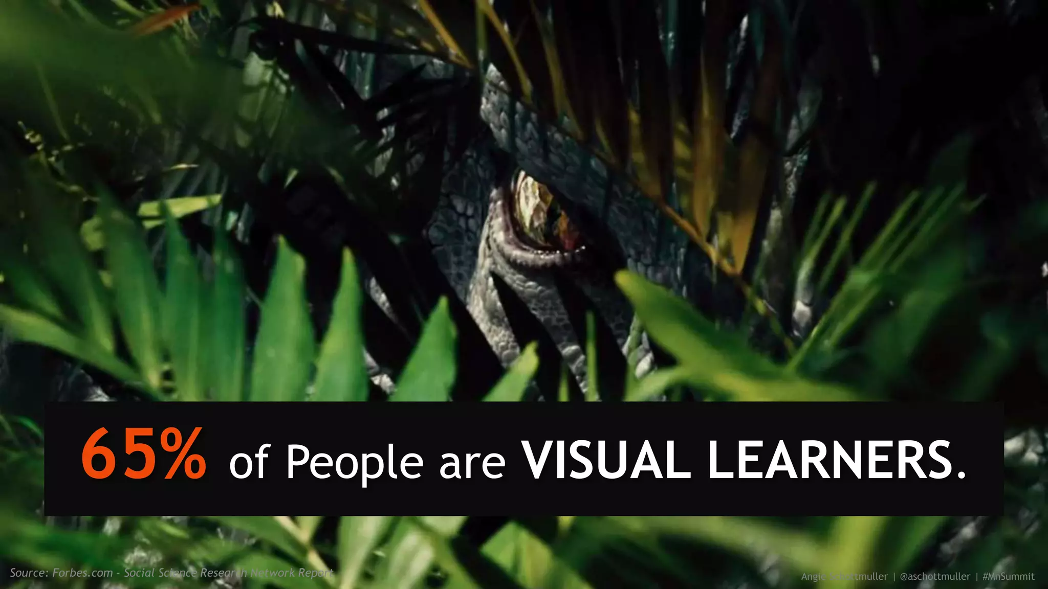 65% of People are VISUAL LEARNERS.
Angie Schottmuller | @aschottmuller | #MnSummitSource: Forbes.com - Social Science Research Network Report
 