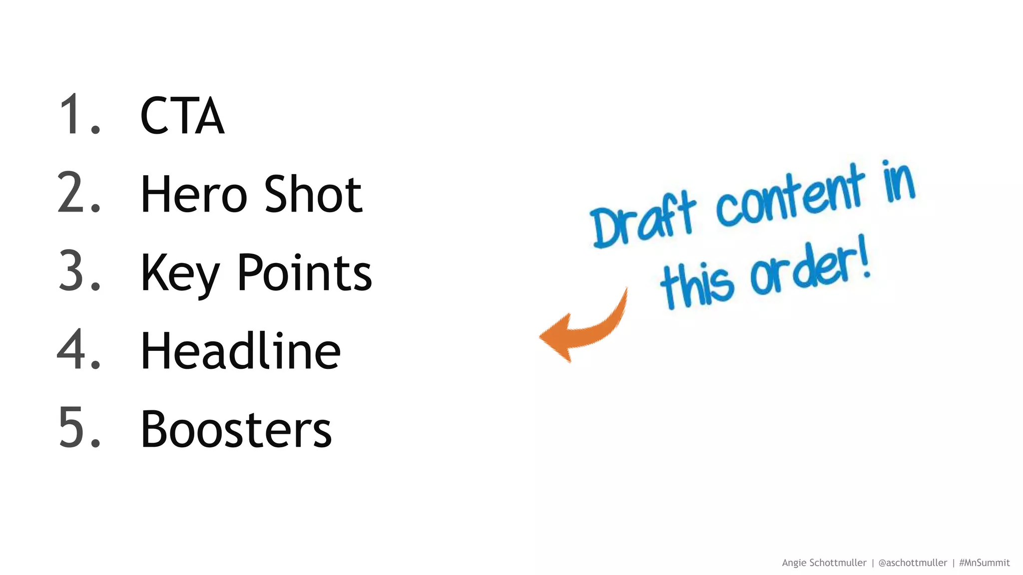 1. CTA
2. Hero Shot
3. Key Points
4. Headline
5. Boosters
Angie Schottmuller | @aschottmuller | #MnSummit
 