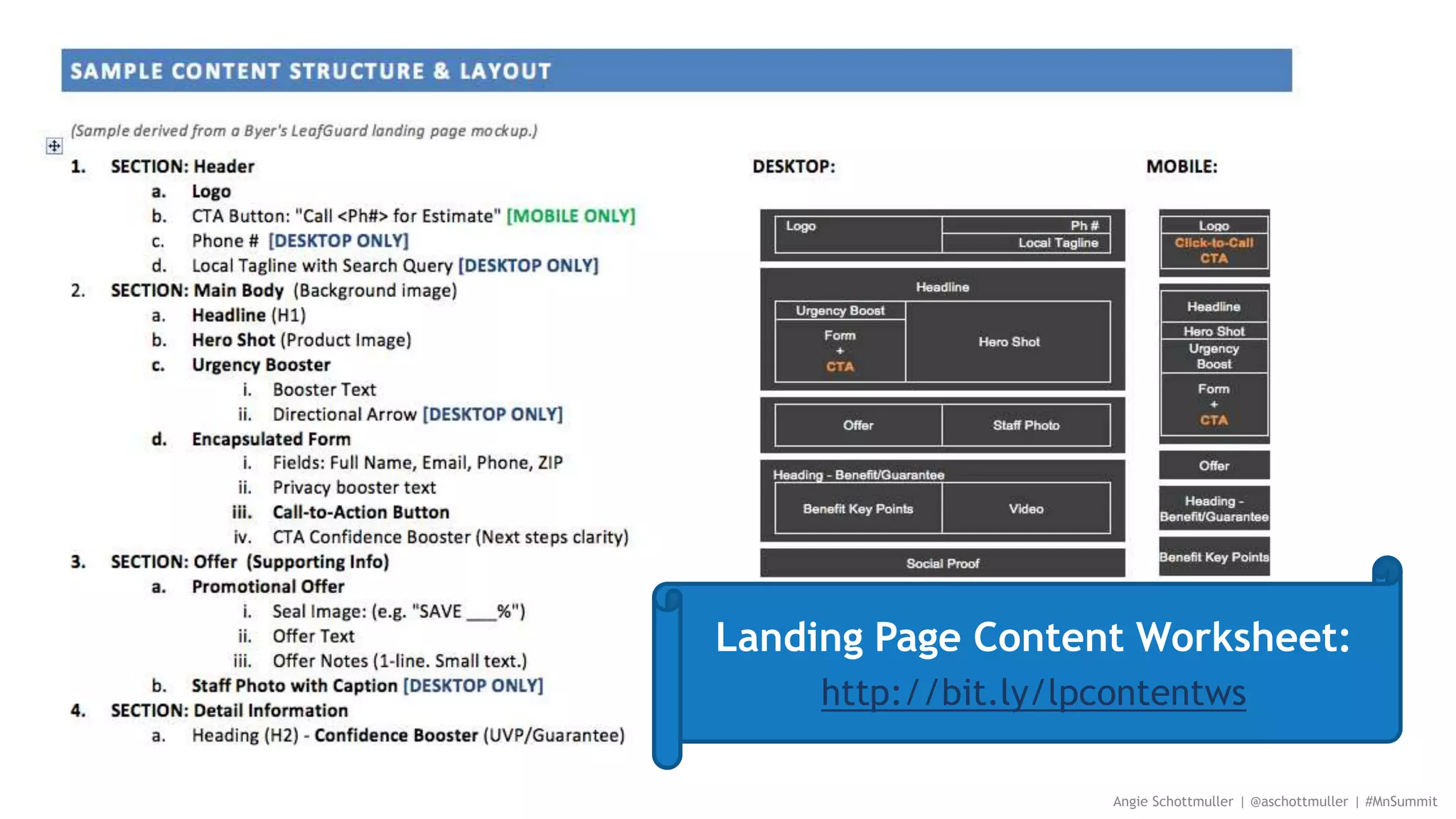Angie Schottmuller | @aschottmuller | #MnSummit
Landing Page Content Worksheet:
http://bit.ly/lpcontentws
 